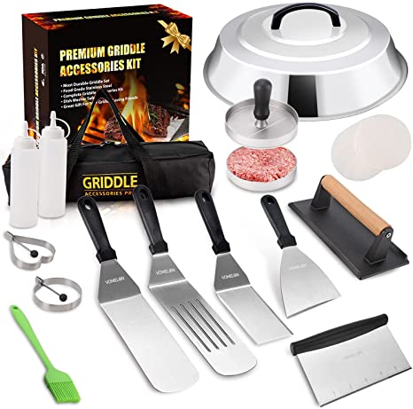 Griddle Accessories Kit, Flat Top Grill Accessories Set for Blackstone and Camp Chef with Basting Cover, Spatula, Scraper, Grill Press, Burger Press, Patty Papers, Carrying bag for BBQ /Camping