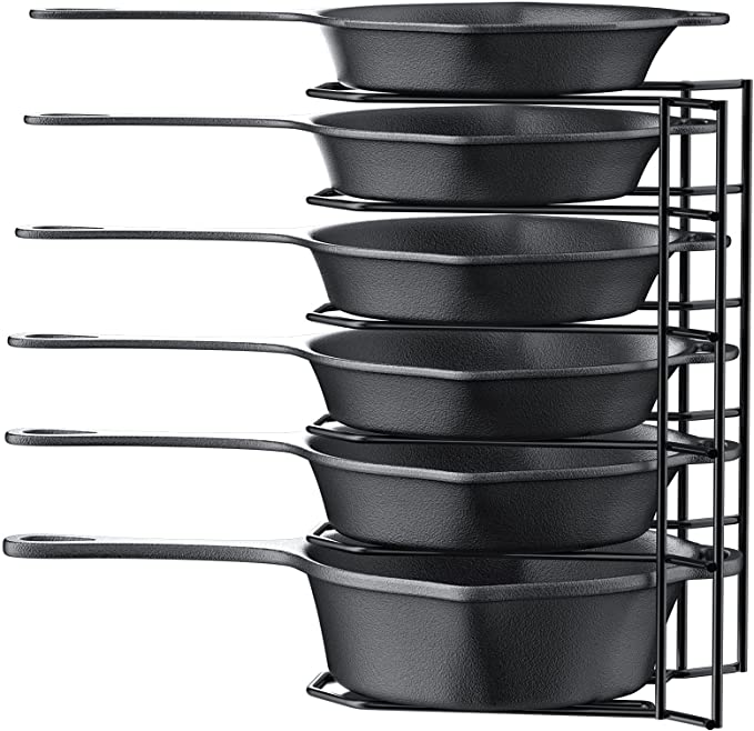 MUDEELA 6 Tier Heavy Duty Pan Organizer, Pan Rack Holds Cast Iron Skillets, Griddles and Shallow Pots, Pan Organizer Rack for Cabinet Kitchen, Durable Steel Construction, No Assembly Required