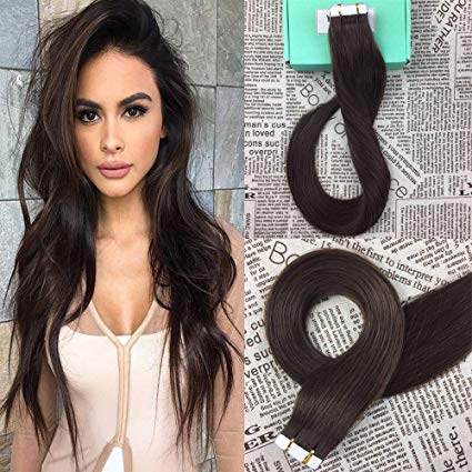 HIKYUU 20" Darkest Brown #2 Straight Tape in Human Hair Extensions 20pcs 40g Invisible Seamless Skin Weft Remy Taped Hair Extensions Human Hair