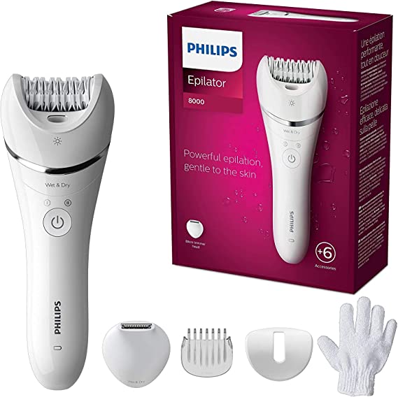 Philips Epilator Series 8000, Wet & Dry hair removal for legs and body, Powerful epilation, 6 accessories, BRE715/01