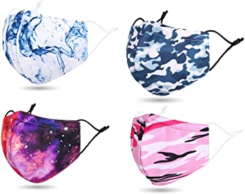 4 Pack Camo Print Face Scarf Madks Reusable Camouflage Mouth Cover for Adult, Marble Blue/Camo Blue/Galaxy Red/Camo Pink