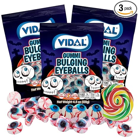 Halloween Gummy Bulging Eyeballs, Individually Bagged Candies, Freaky Candy Packs, Pack of 3