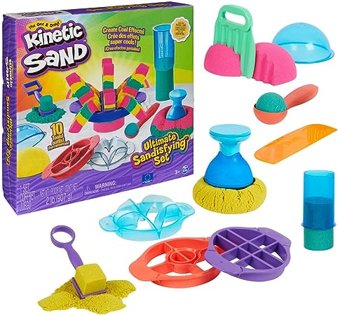 Kinetic Sand Ultimate Sandisfying Set, 2lb of Pink, Yellow and Teal Play Sand, 10 Molds and Tools, Sensory Toys for Kids Ages 7