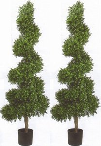 Two 6 Foot Tall 20 inch Wide Outdoor Artificial Boxwood Spiral Topiary Trees Potted Uv Rated Plants