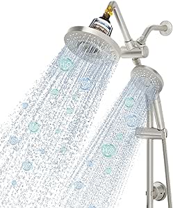 (2024 UPGRADED) SR SUN RISE 7" Filtered Shower Head - Dual Handheld Shower Head Combo with Slide Bar Adjustable, High Pressure Drill-Free Rain Handeld Modes Shower Faucet Set - Brushed Nickel