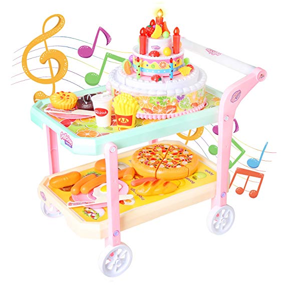 rainbow yuango 18" Afternoon Tea Time Trolley Cart Pretend Play Set for Tea Party Pretend Play Kitchen Food Pizza Cutting Birthday Cake Musical Toys for Kids