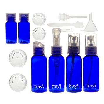 Travi Blue Air Travel Size Bottle Set (Blue) - Perfect for Hand Luggage Liquids - Airport Security Approved Clear Plastic Bag Included