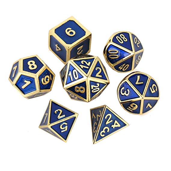 Metal Dice Set Polyhedral DND Role Playing Game Dice Set with Storage Bag for RPG Dungeons and Dragons D&D Math Teaching Tabletop Games (Shiny Gold and Blue)