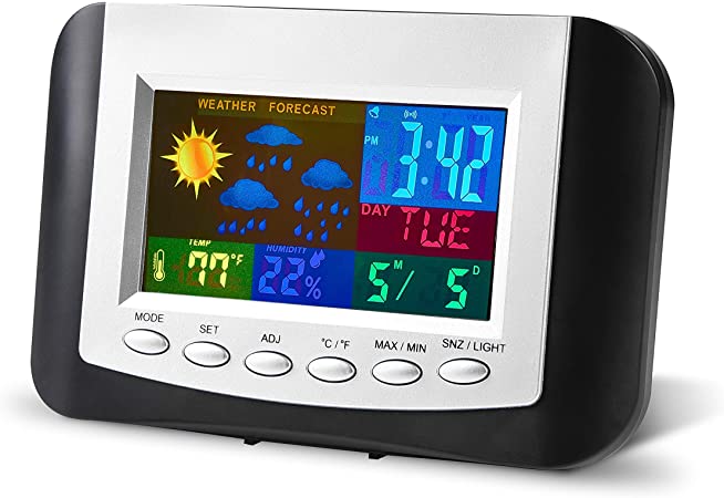 RCA Weather Station Alarm Clock with Full-Color Display - Time, Date, Day Calendar, Temperature, Humidity and Weather Forecast – Alarm and Snooze Function