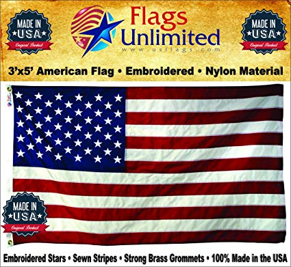 American Flag: 100% American Made - Embroidered Stars & Sewn Stripes - 3 x 5 ft From Flags Unlimited (3 by 5 Foot)