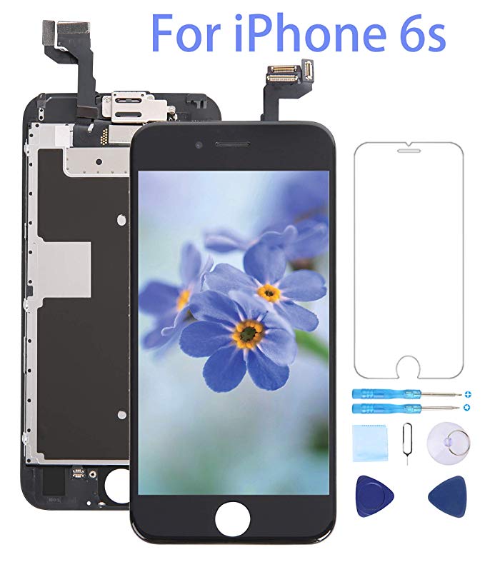 Screen Replacement for iPhone 6s Black 4.7" Inch LCD Display 3D Touch Screen Digitizer Frame Assembly Full Repair Kit,with Proximity Sensor,Ear Speaker,Front Camera,Screen Protector,Repair Tools