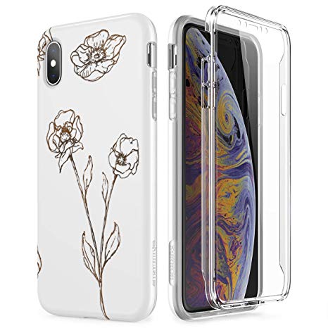 SURITCH for iPhone Xs Max, [Built-in Screen Protector] Full-Body Protection White Gold Glitter Flowers Shockproof Rugged Bumper Protective Cover Compatible with Apple Xs Max 6.5 Inch (White Gold)