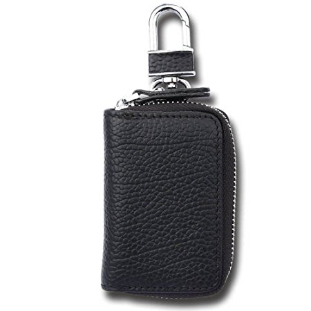 SHANG MEDING Car key case,Genuine Leather Car Smart Key Chain Coin Holder Metal Hook and Keyring Wallet Zipper Bag for Auto Remote Key Fob Black