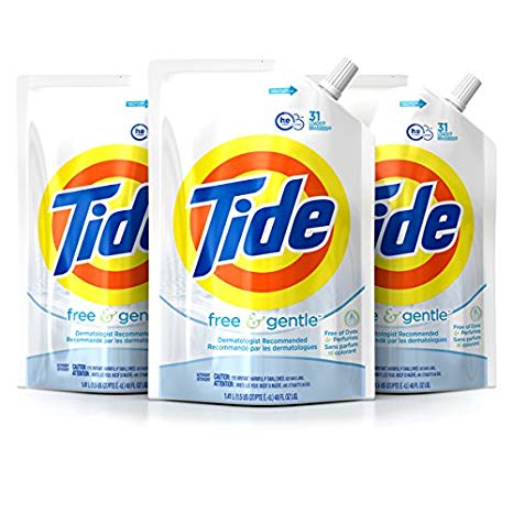 Tide Liquid Laundry Detergent Smart Pouch, Free & Gentle HE, Pack of three 48 oz. pouches, 93 loads