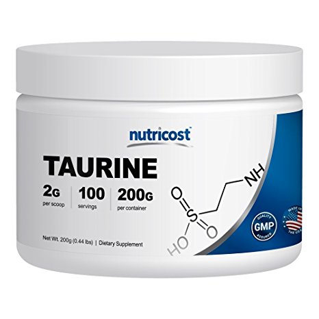 Taurine Powder 200 Grams - Pure Taurine By Nutricost - 100 Servings, 2000mg Per Serving - All Natural Muscle and Strength Support