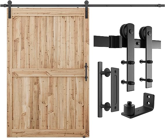 SMARTSTANDARD 9 FT Heavy Duty Sturdy Sliding Barn Door Hardware Kit, Black, (Whole Set Includes 1x Pull Handle Set & 1x Floor Guide) Fit 50''-54" Wide Door Panel (I Shape Hanger)