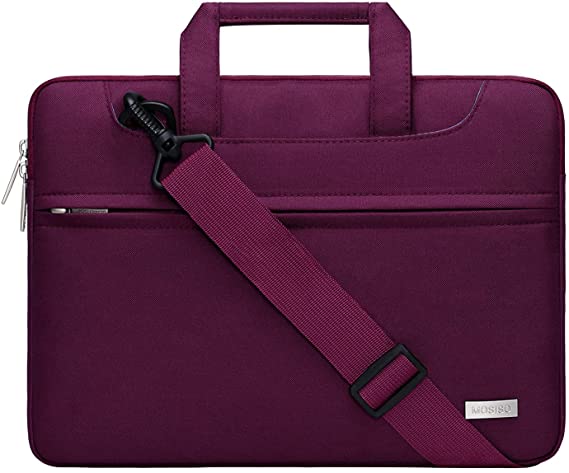 MOSISO Laptop Shoulder Bag Compatible with 13-13.3 inch MacBook Pro, MacBook Air, Notebook Computer, Polyester Sleeve with Back Trolley Belt, Burgundy