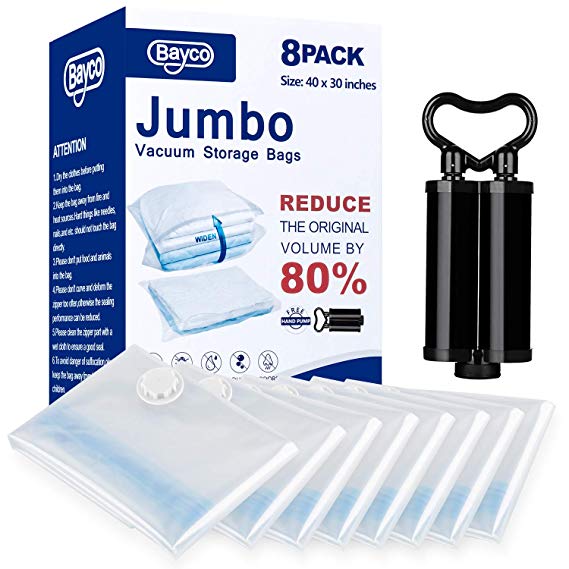 Bayco Vacuum Storage Bags, 8 Pack Jumbo Size (40" 30") Space Bags, Save 80% More Space Vacuum Sealer Bags, Double Zip Seal & Leak Valve, Free Travel Hand Pump Included (Clear)