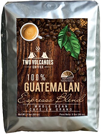 Two Volcanoes Whole Bean Coffee - 5 Lbs - Guatemalan Dark Roast Espresso Blend From Rare Organic Gourmet Coffee Beans. Get The Kick, Enjoy the Smoothness!