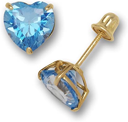 Jewelryweb Solid 14K Yellow Gold 6mm Heart-shaped Cubic Zircornia Birthday Basket-Set Solitaire Screw-back Stud Earrings (12 colors)