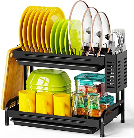 Dish Drying Rack with Drainboard - Cambond 2 Tier Heavy Duty Dish Rack for Kitchen Counter, Rust-Resistant Durable Dish Drainer with Utensil Holder Cutting Board Holder, Black