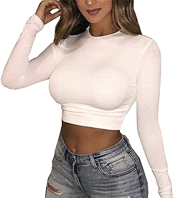 Artfish Women Long Sleeve Stretchy Crop Top Sexy Slim Fitted Shirts
