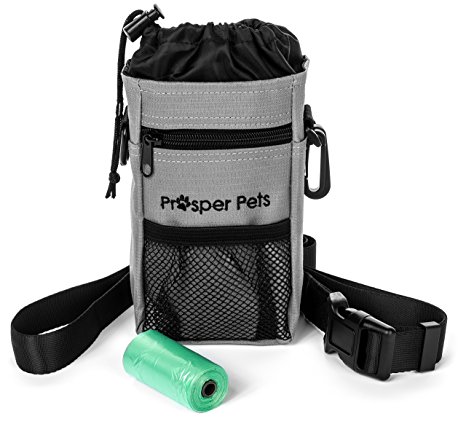 Prosper Pets Dog Treat Pouch with Poop Bag Dispenser - Ideal for Carrying Treats and Toys – Adjustable Waist Belt / Shoulder Strap 23-60”- Includes Roll of Waste Bags