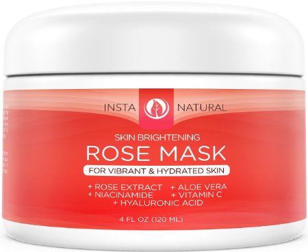 InstaNatural Facial Rose Mask - Best Skin Brightening Mask For Face With Vitamin C Hyaluronic Acid Niacinamide Aloe Vera and More - This Whitening Masque is Made With Fresh Rose Petal Extract - 4 OZ