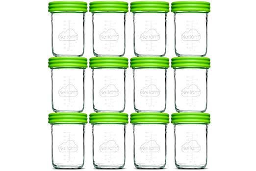 Nellam Baby Food Storage Containers - Leakproof, Airtight, Glass Jars for Freezing & Homemade Babyfood Prep - Reusable, BPA Free, 12 x 8oz Set, that is Microwave & Freezer Safe