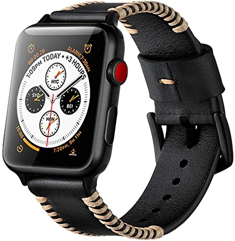 Compatible with Apple Watch Bands 38mm 42mm 40mm 44mm Genuine Leather Black Stainless Steel Adapters Replacement Strap for iWatch Series 6/SE/5/4/3/2/1 for Men Sport Edition