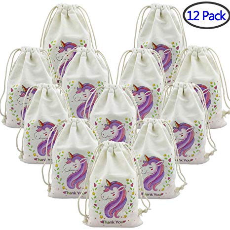 Unicorn Party Favor Bags Pack of 12, PrettyLife 8in x 5in Canvas Drawstring Treat Goodie Bags Sacks for Kids Girls Birthday Parties, Baby Shower Gifts, Event Supplies (White)