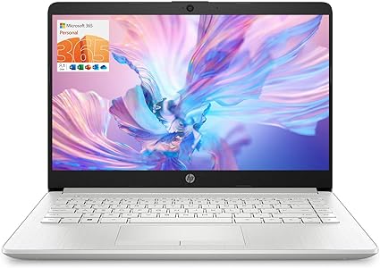 HP Portable Laptop, Student and Business, 14" HD Display, Intel Quad-Core N4120, 16GB DDR4 RAM, 64GB eMMC, 1 Year Office 365, Webcam, RJ-45, HDMI, Wi-Fi, Windows 11 Home, Silver