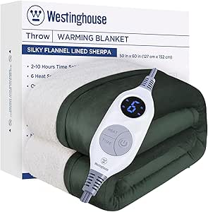 Westinghouse Heated Blanket Queen Size, Soft Flannel to Sherpa Electric Blanket with 10 Heating Levels, 12 Hours Auto Off, Fast Heating Blanket, Machine Washable, 50x60 Inch, Avocado Green