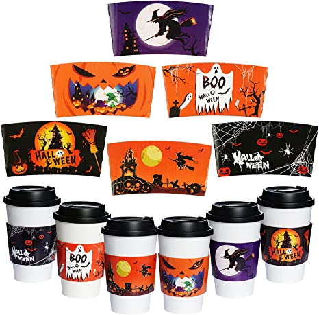 24 Packs Halloween Coffee Cups Sleeves, Hmxpls Disposable Hot Chocolate Cocoa Cup Sleeves for 12oz 16oz Hot Drinks Cold Beverage, Holiday Ghost Pumpkin Witches Bat Thicken Paper Sleeves, 6 Designs