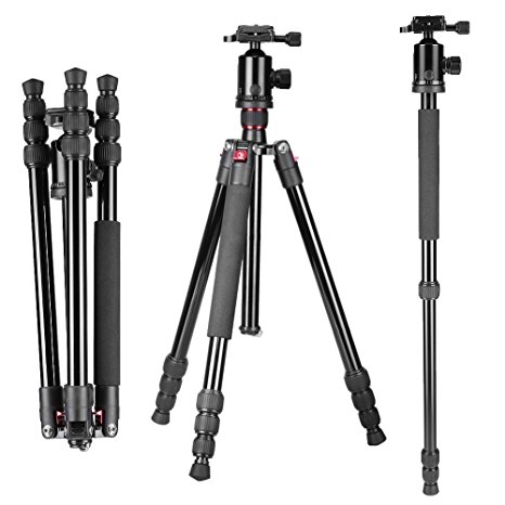 Neewer Portable 64"/163cm Alluminum Alloy Camera Tripod Monopod with 360 Degree Ball Head, 1/4" Quick Release Plate and Bubble Level, Load capacity 22lbs/10kg