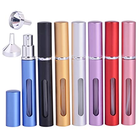 5ML Mini Perfumes Spray Bottle 7 Pcs Colorful Refillable Fragrance Empty Bottle with Pumps Great and 2 PCS Funnels For Your Purse, Pocket or Luggage