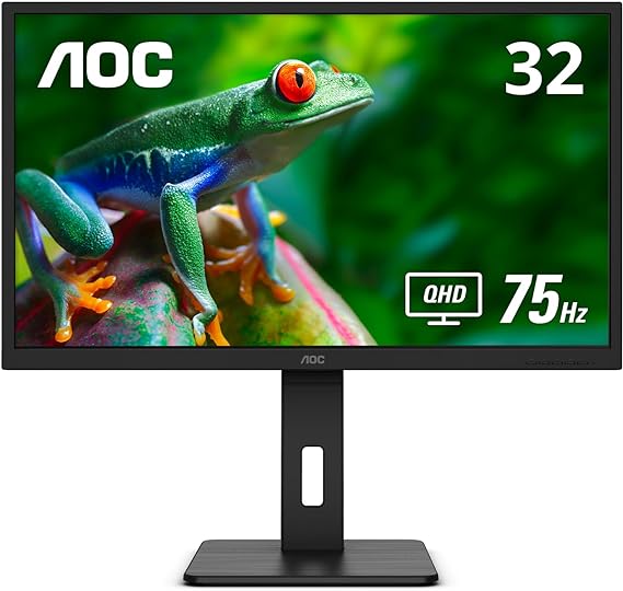 AOC Q32P2CA 32" IPS Monitor, QHD 2560x1440, USB-C (Power Delivery 65 Watts) Docking, Height Adjustable Stand, Black