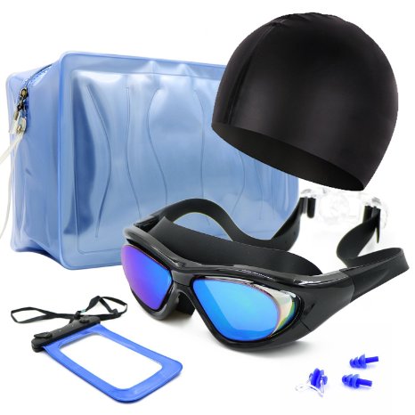 DigHealth(TM) Swim Goggles-No Leaking, Anti Fog and UV Protection, with Swimming Cap, Nose Clip, Ear Plugs, Waterproof Organizer Pouch, iPhone Waterproof Case for Men Women