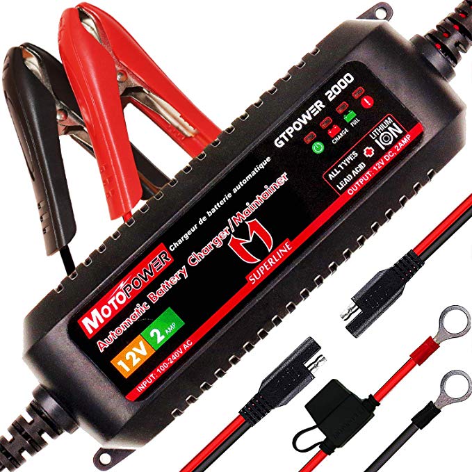 MOTOPOWER MP00207A 12V 2Amp Smart Automatic Battery Charger/Maintainer for Both Lead Acid Batteries and Lithium Ion Batteries - UK Plug