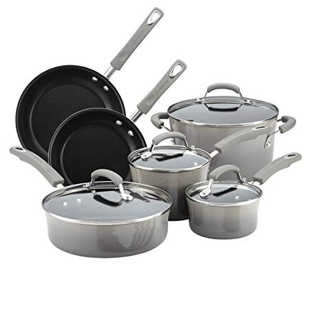 Rachael Ray Classic Brights Porcelain Enamel II Nonstick Cookware Set, Sea Salt Gray, 10-Piece