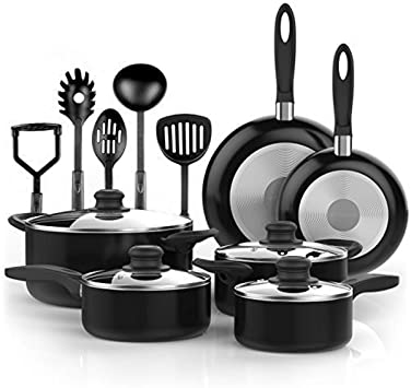 Vremi 15 Piece Nonstick Cookware Set - Durable Aluminum Pots and Pans with Cooking Utensils - Oven Safe Multi Quart Enameled Saucepans Dutch Ovens and Fry Pans with Glass Lid - Black