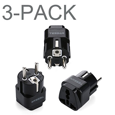 TESSAN Grounded Universal Travel Power Strip Plug Adapter USA to Germany/France Travel Prong Converter Adapter Plug Kit for European "Schuko" plug (Type E/F) - 3 Pack