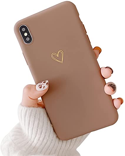 Ownest Compatible with iPhone Xs Max Case for Soft Liquid Silicone Gold Heart Pattern Slim Protective Shockproof Case for Women Girls for iPhone Xs Max Case-Brown