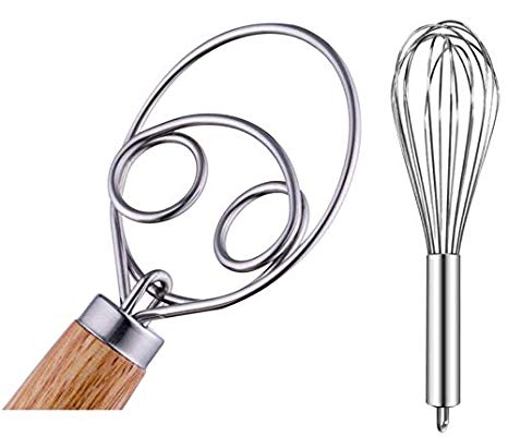 HauBee 2 Pack Danish Dough Kitchen Wire Balloon Whisk Stainless Steel Silicone Bread Making Baking Tools Pastry Hand Mixers Blender Artisian Wooden Handle Utensils Gadgets