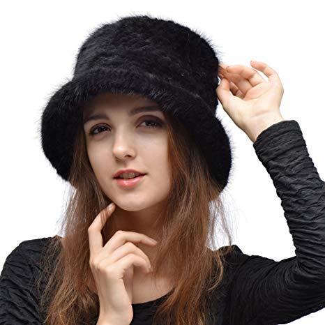 Real Mink Fur Hat - Women's Winter Knitted Bucket Hats With Flower Pin