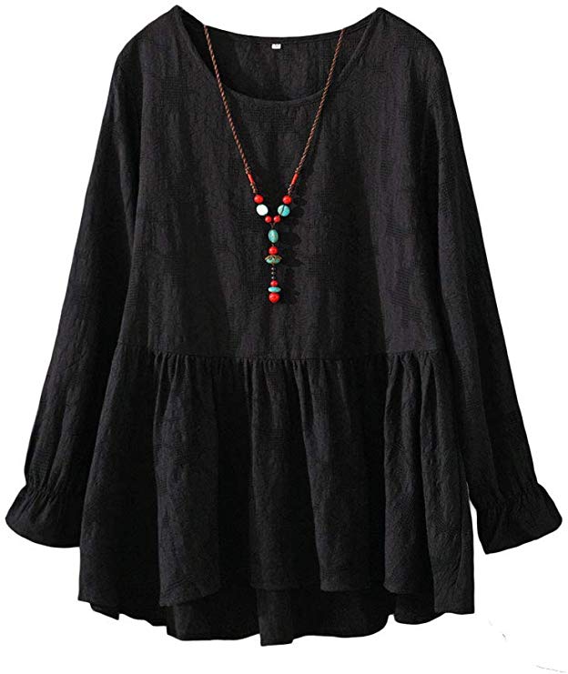 Mordenmiss Women's Cotton Tunic Tops Long Sleeve Swing Pleated Mini Dress Jacquard Blouse