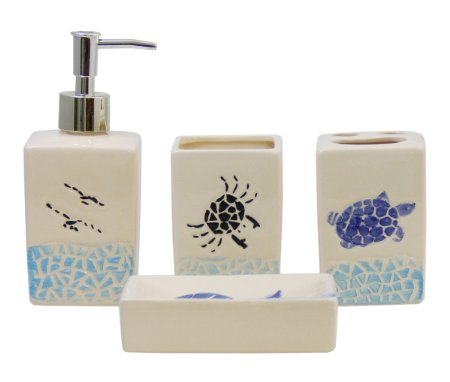 JustNile 4-Piece Ceramic Ocean Bathroom Accessory Set - Blue and Black