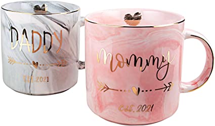 Vilight New Mom and First Time Pregnancy Gifts - Mommy and Daddy est 2021 Mugs for Parents to be - Marble Ceramic Cup 11.5 oz
