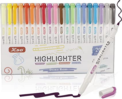 Highlighter Pens Collection Set, Pastel Highlighters,Double Ended Highlighter, Broad and Fine Tips,Warm Assorted Colours,Pack of 20