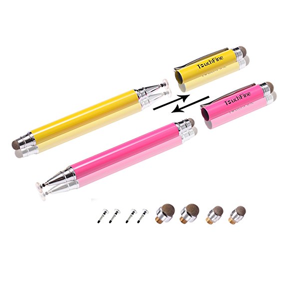 Stylus,TouchFine 3 in 1 Disc Stylus Touch Screen Pens for all Capacitive Touch Screens,tablets with 4 Replaceable Disc Tips,4 Replaceable Fiber Tips-Pack of 2( Hot Pink/Yellow)